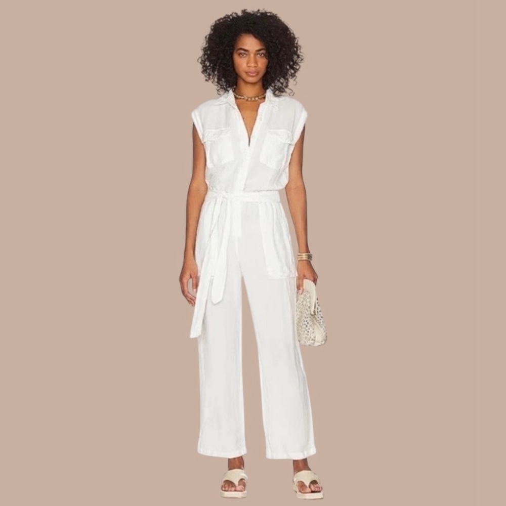 NEW YOUNG FABULOUS & BROKE Sz M White Belted Jumpsuit 100% TENCEL BUTTON UP